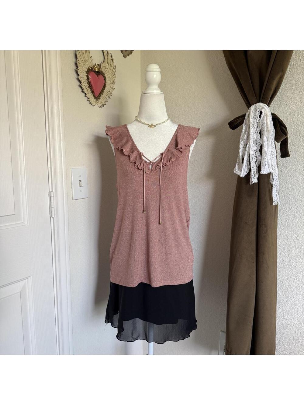 PAIGE Rainey Pink Metallic Ruffle Lace Up Sleeveless Knit Top Women's S